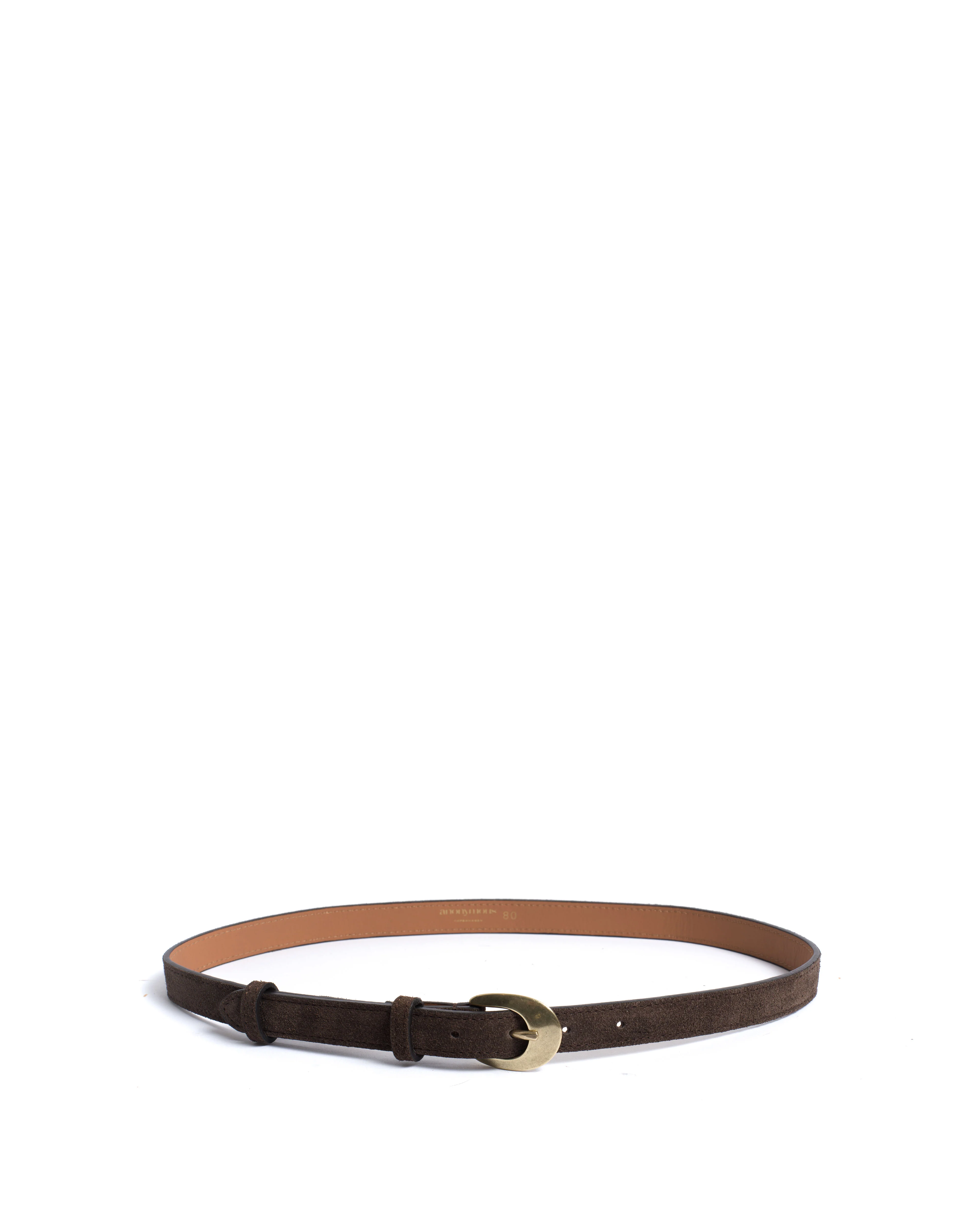 Aris unisex leather belt Calf suede & metal Coffee brown & gold buckle - Image 3