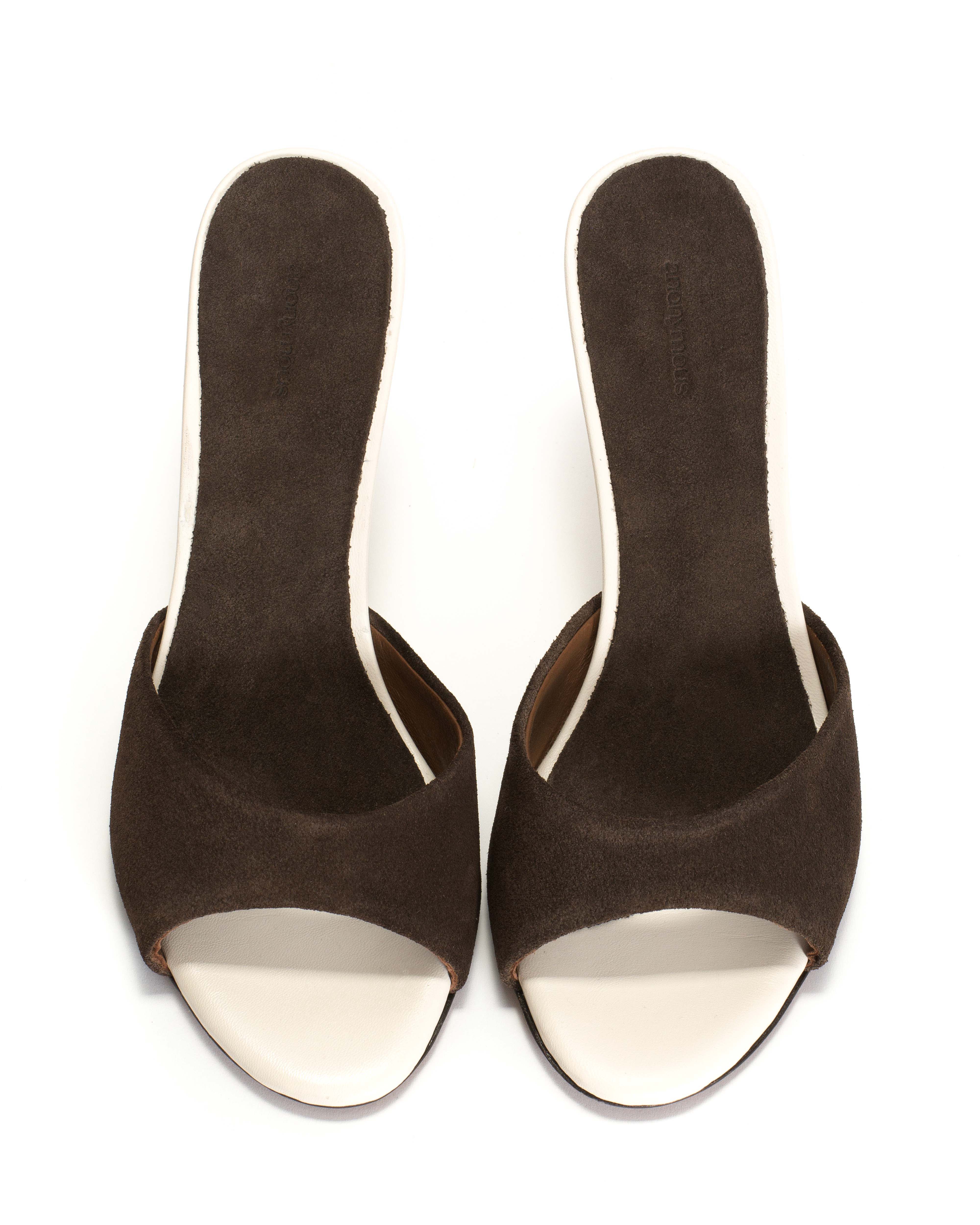 Gwen 75 wedge Calf suede & sleek leather Coffee brown & milk white - Image 4