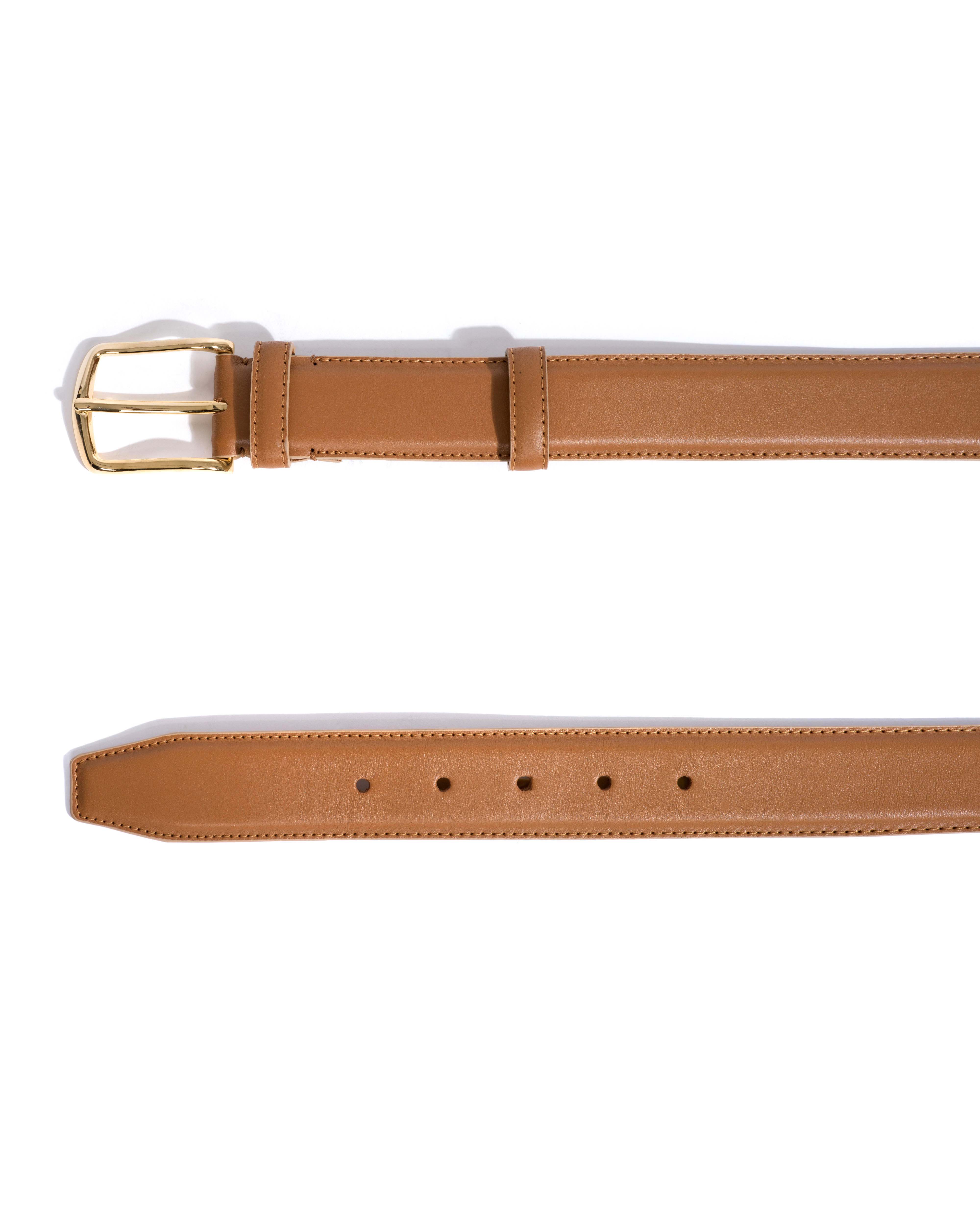 Quinn classic unisex leather belt Soft calf & metal Camel & gold buckle - Image 4