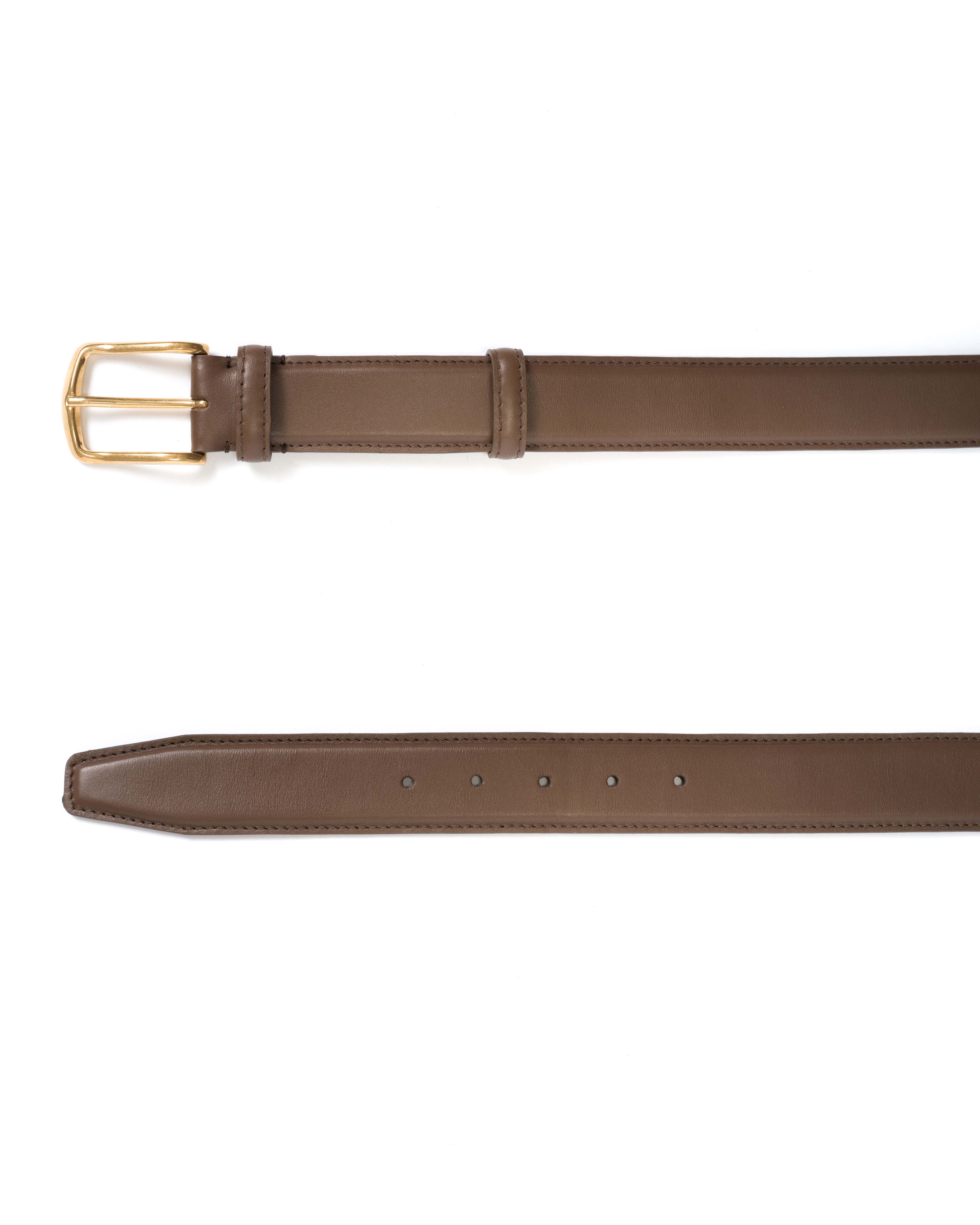 Quinn classic unisex leather belt Soft calf & metal Dark taupe & gold buckle - Image 4